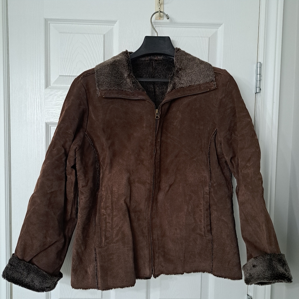 EMC Brown Suede Leather Jacket with Faux Fur Collar & Cuffs